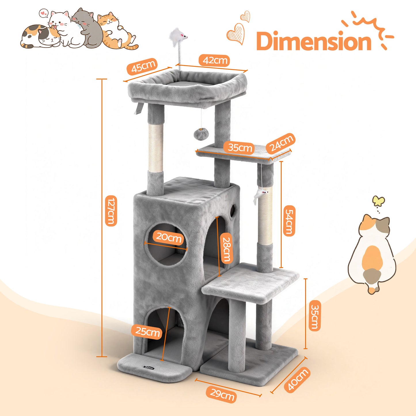 i.Pet Cat Tree Tower 127cm Scratching Post Light Grey