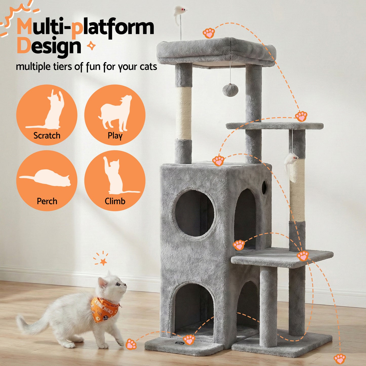 i.Pet Cat Tree Tower 127cm Scratching Post Light Grey