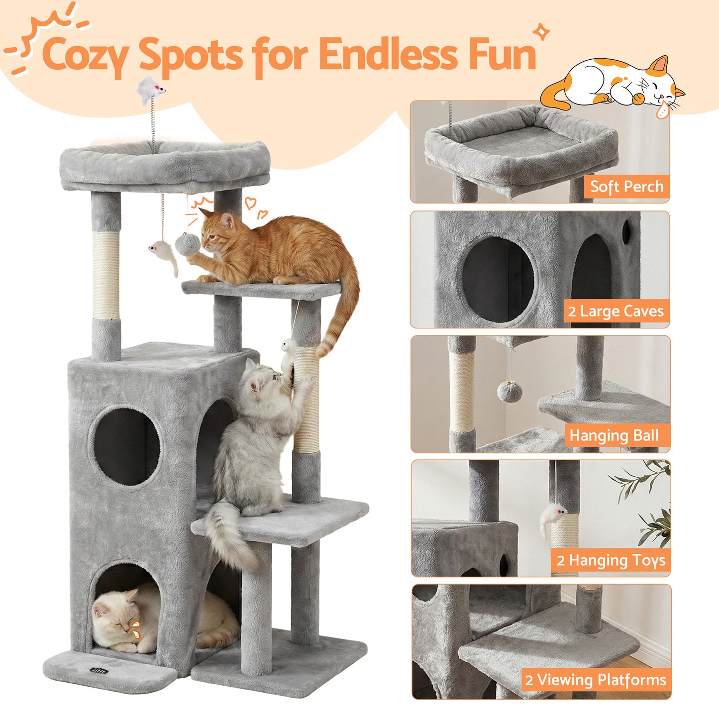 i.Pet Cat Tree Tower 127cm Scratching Post Light Grey