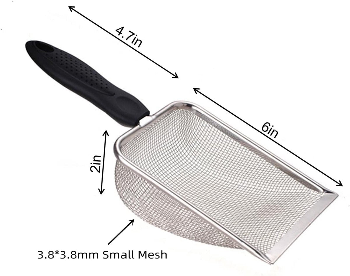 Cat Litter Scoop - Small Stainless Steel Cat Litter Scoop with Mesh - For Cleaning Reptile Cat Litter - Metal Cat Litter Scoop with Non-Stick Coating - Cleaning Tool - Fine Cat Litter Scoop (Pore Size: 3.7mm)