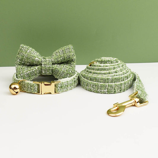 S Green 3 Piece Luxury Tweed Cat Collar and Leash Set