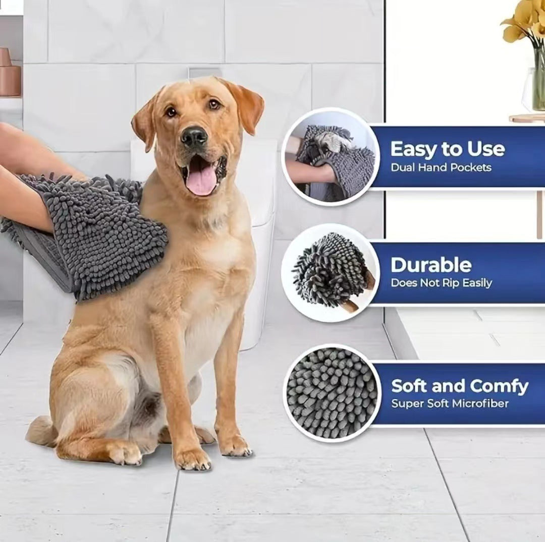 Grey Super Absorbent Pet Bath Towel with Hand Pockets Quick Dry Chenille Microfibre for Dogs and Cats Large Size 62cm